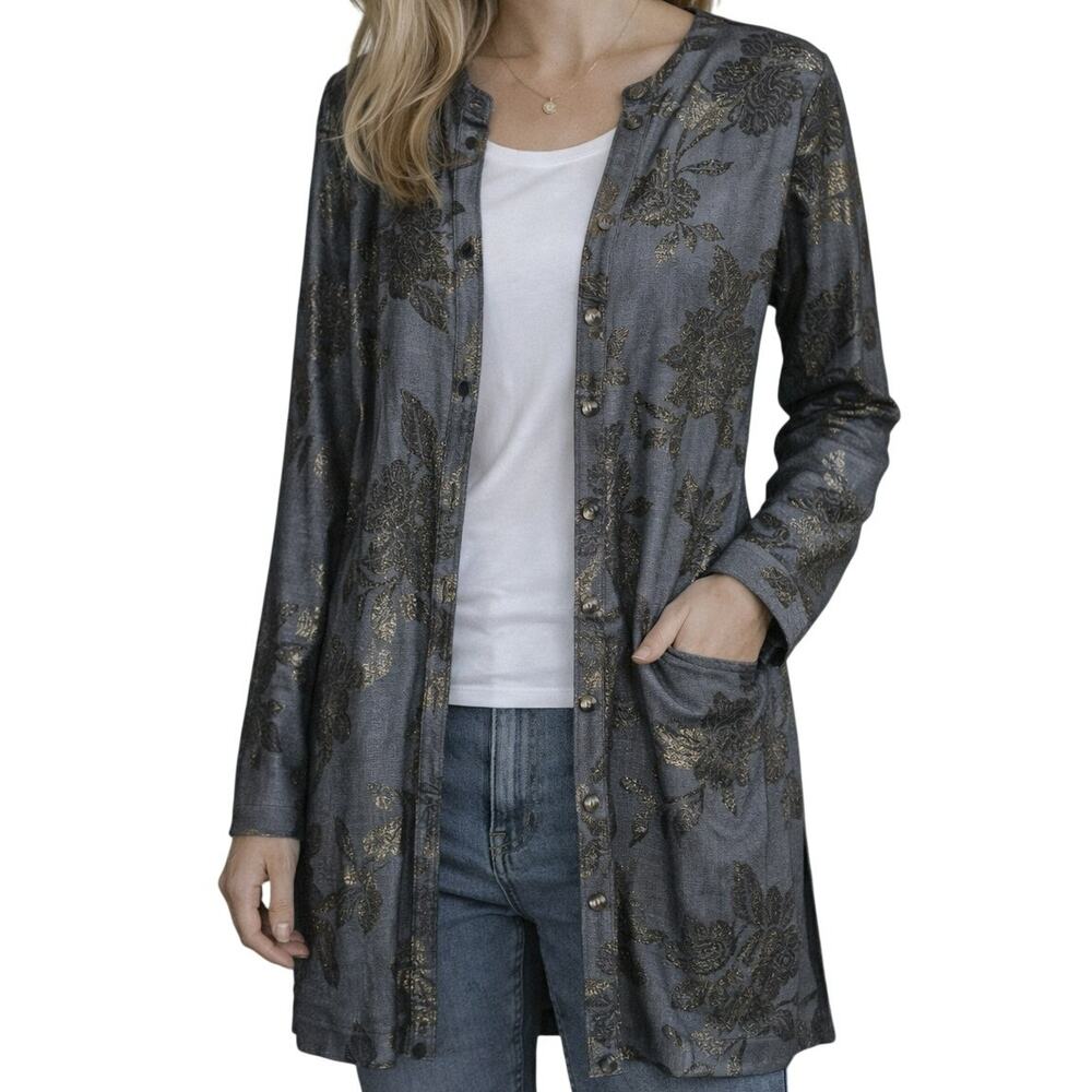 GRAVER Susan Graver Foiled Knit Jacquard Button Front Duster Blue Gold Womens XL